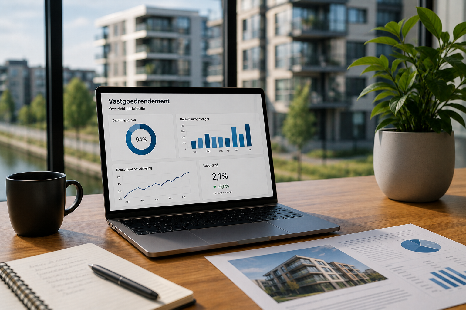 Modern kantoor met laptop waarop dashboards en vastgoeddata zichtbaar zijn, met uitzicht op moderne appartementencomplexen en groen.