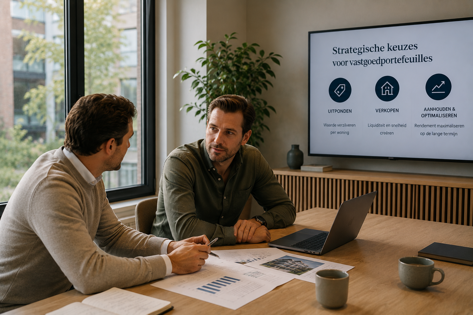 Twee vastgoedprofessionals in overleg over strategische keuzes binnen een vastgoedportefeuille, in een modern kantoor met dashboards, vastgoedrapportages en laptop op tafel.