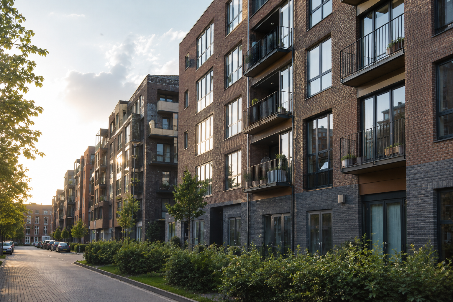 Modern appartementencomplex in een stedelijke woonwijk, gefotografeerd in warm avondlicht met focus op professioneel beheerd huurvastgoed.