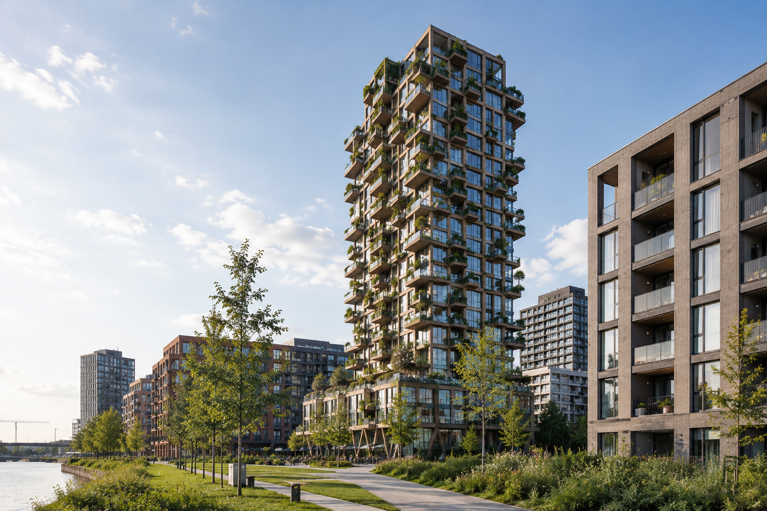 Hoog modern woontorencomplex met groene terrassen en duurzame architectuur in een stedelijke omgeving.